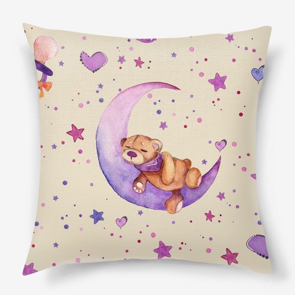 Подушка «Плюшевый мишка, спящий на луне, среди звезд и сердечек»