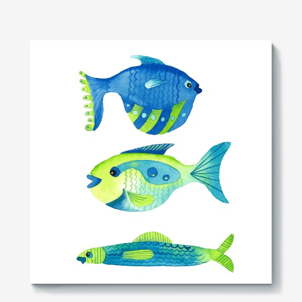 Холст «три сине-зеленые рыбы»