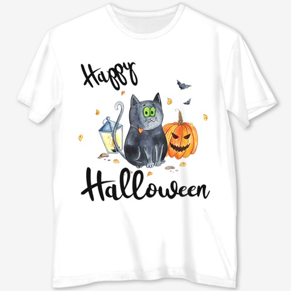 Футболка с полной запечаткой «Котик с тыквой "Счастливого Хэллоуина"»