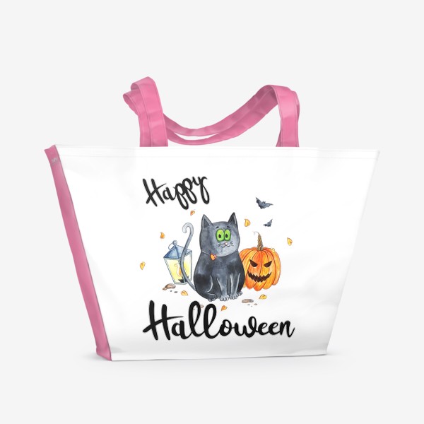 Пляжная сумка «Котик с тыквой "Счастливого Хэллоуина"»