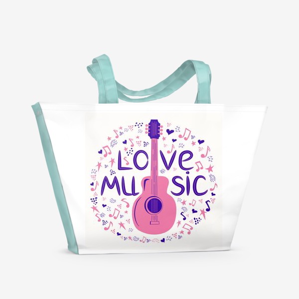 Пляжная сумка «Люблю музыку. Гитара и леттеринг в круге из нот и звезд»