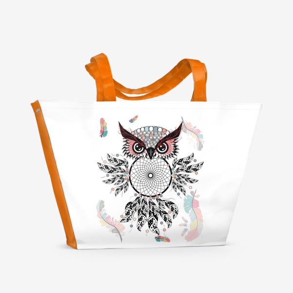 Пляжная сумка «Сова ловец снов с черно-белыми перьями»
