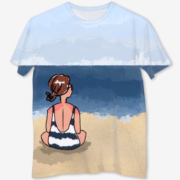 Футболка с полной запечаткой &laquo;На море отдых бархатный сезон девушка на песке пляж&raquo;