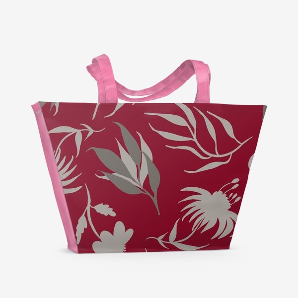 Пляжная сумка «Серая ботаника на бордовом»