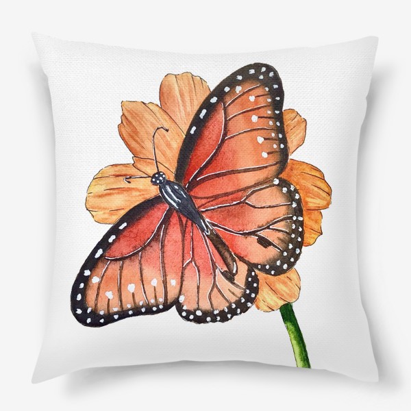 Подушка «Бабочка на цветке. Акварель»