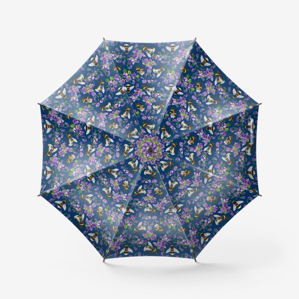Зонт «Шмели, пчёлы, фиалки, виолы, анютины глазки на синем фоне»