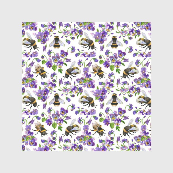 Скатерть &laquo;Шмели, пчёлы, насекомые, фиалки, виолы, анютины глазки, белый фон&raquo;