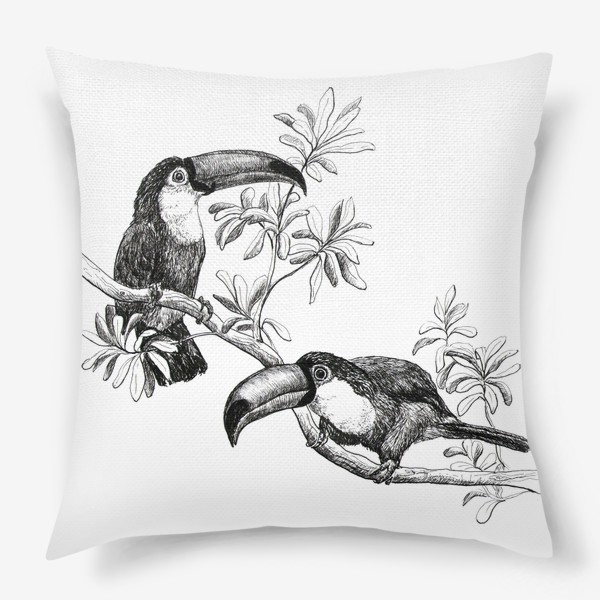 Подушка «Пара птиц туканов на ветке в тропическом лесу»