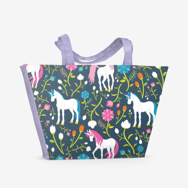 Пляжная сумка «Разноцветные единороги и цветы»