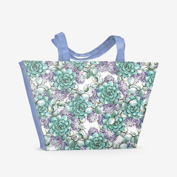 Пляжная сумка «Паттерн. Бирюзовые и лиловые цветы. Стиль 70-х»