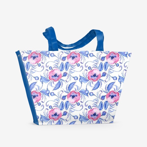 Пляжная сумка «Паттерн Розовый мак, синие листья»