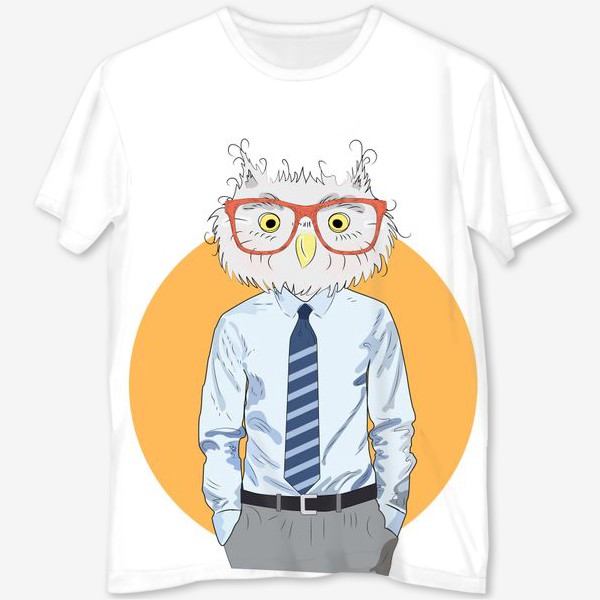 Футболка с полной запечаткой «Мужчина-сова в очках и галстуке, фэшн иллюстрация»