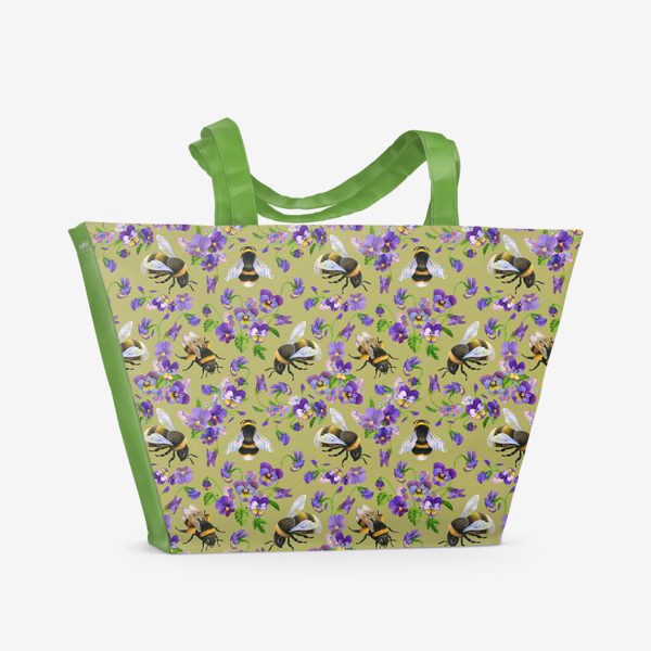 Пляжная сумка «Шмели, пчёлы, насекомые, фиалки, виолы, анютины глазки, оливковый, хаки»