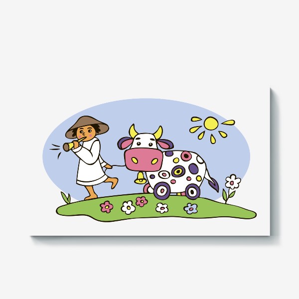 Холст «пастух и корова иллюстрация стилизованная»