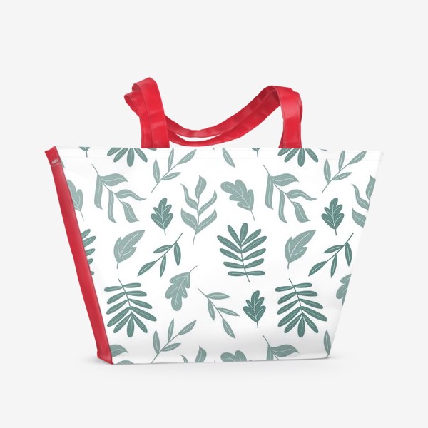 Пляжная сумка «Зеленые листья на белом - природный узор»