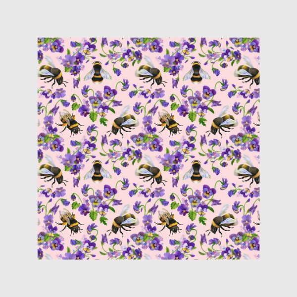 Шторы &laquo;Шмели, пчёлы, насекомые, фиалки, виолы, анютины глазки, розовый фон&raquo;
