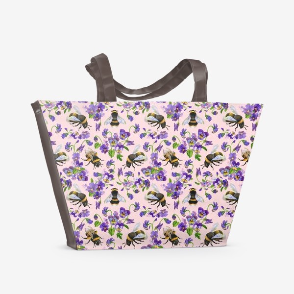 Пляжная сумка «Шмели, пчёлы, насекомые, фиалки, виолы, анютины глазки, розовый фон»