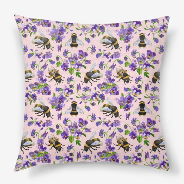Подушка «Шмели, пчёлы, насекомые, фиалки, виолы, анютины глазки, розовый фон»