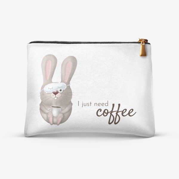 Косметичка «Кофе, ленивое утро, кофеманам. Утренняя рутина, работа в офисе, босу, любителям поспать, сон. Милый кролик. заяц. »