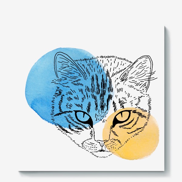 Холст «Акварельная кошка. Голубой и оранжевый»