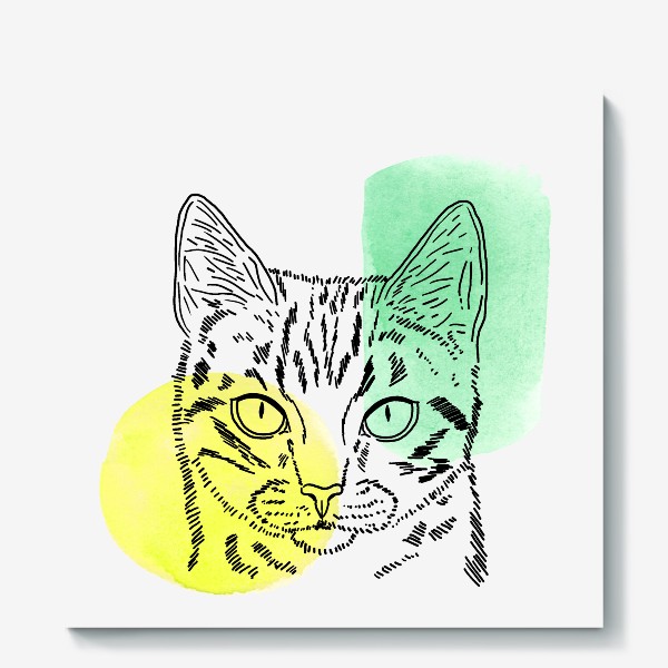 Холст «Акварельная кошка. Жёлтый и зеленый»