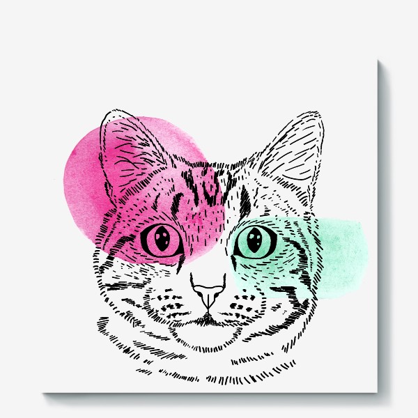 Холст «Акварельная кошка. Розовый и бирюзовый»