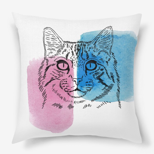 Подушка «Акварельная кошка. Голубой и фуксия»