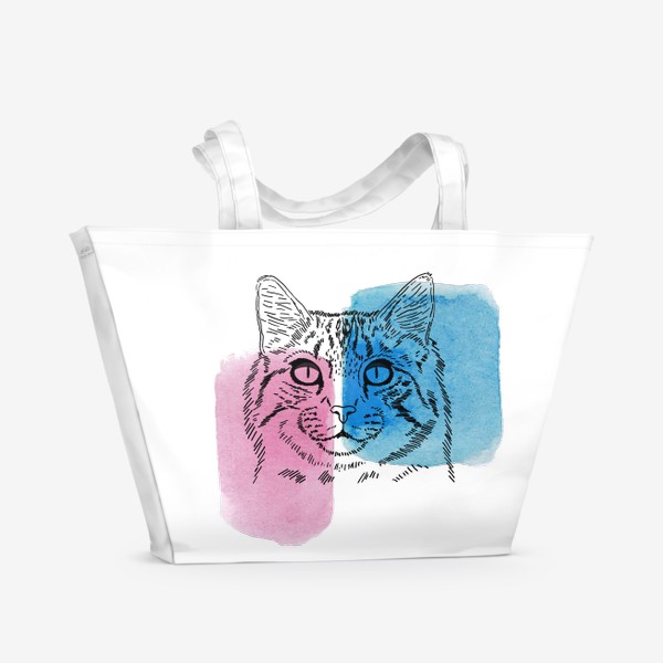 Пляжная сумка «Акварельная кошка. Голубой и фуксия»