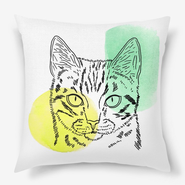 Подушка &laquo;Акварельная кошка. Жёлтый и зеленый&raquo;