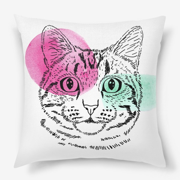 Подушка «Акварельная кошка. Розовый и бирюзовый»