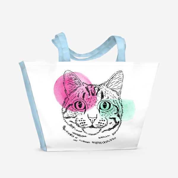 Пляжная сумка &laquo;Акварельная кошка. Розовый и бирюзовый&raquo;