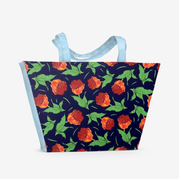 Пляжная сумка «Красные тюльпаны на темно-синем фоне»