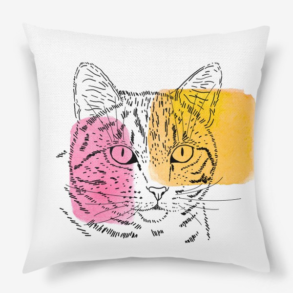 Подушка «Акварельная кошка. Розовый и оранжевый»