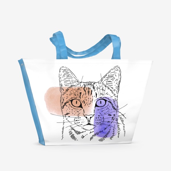 Пляжная сумка «Акварельная кошка. Бежевый и сиреневый»