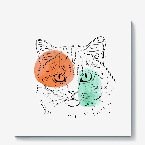 Холст «Акварельная кошка. Оранжевый и бирюзовый»