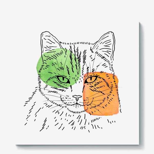 Холст &laquo;Акварельная кошка. Зеленый и оранжевый&raquo;