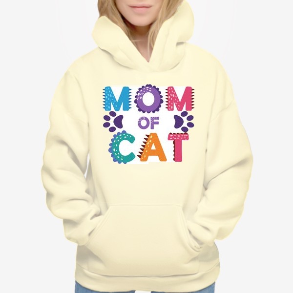Худи «"Мама котиков". Разноцветная надпись с отпечатками лап»