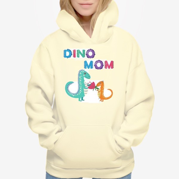 Худи «Динозаврик вручает цветы маме. Цветная надпись "Мама динозавра"»