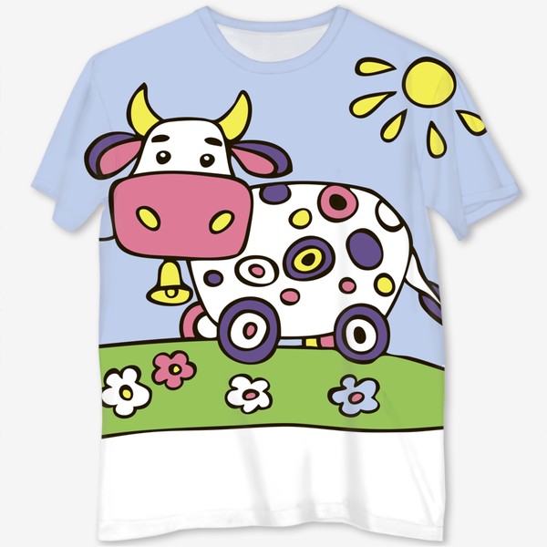 Футболка с полной запечаткой «пастух и корова иллюстрация стилизованная»