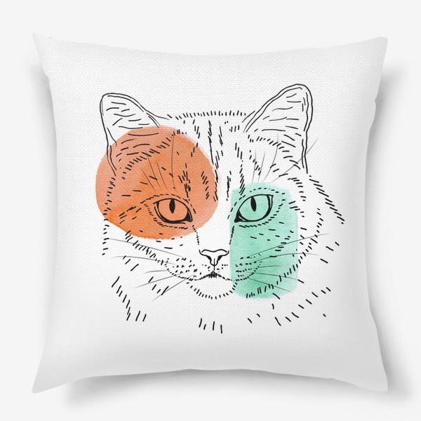 Подушка «Акварельная кошка. Оранжевый и бирюзовый»