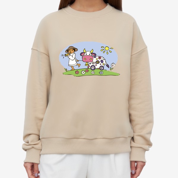 Свитшот «пастух и корова иллюстрация стилизованная»