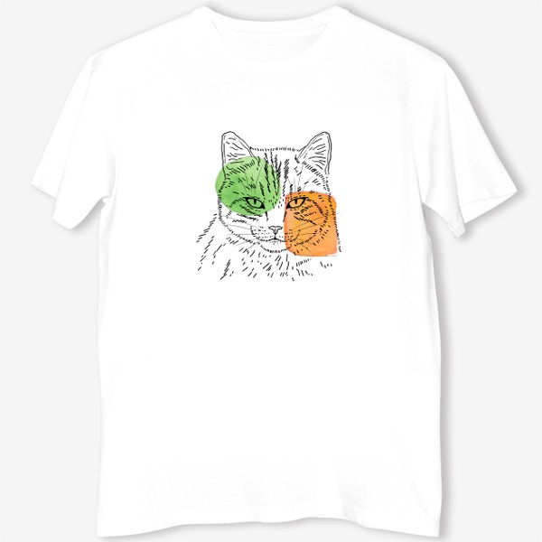Футболка «Акварельная кошка. Зеленый и оранжевый»