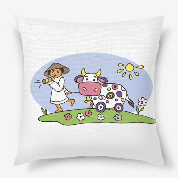 Подушка «пастух и корова иллюстрация стилизованная»