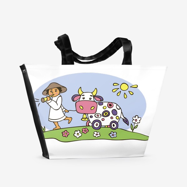 Пляжная сумка «пастух и корова иллюстрация стилизованная»