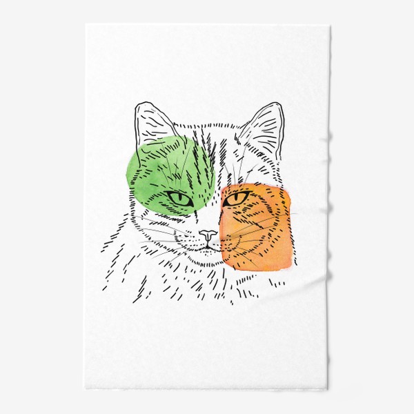 Полотенце «Акварельная кошка. Зеленый и оранжевый»