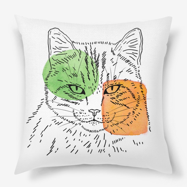 Подушка «Акварельная кошка. Зеленый и оранжевый»