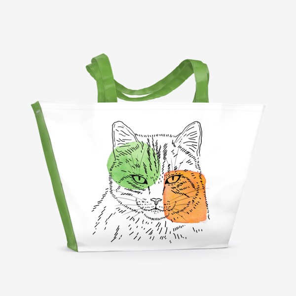 Пляжная сумка &laquo;Акварельная кошка. Зеленый и оранжевый&raquo;