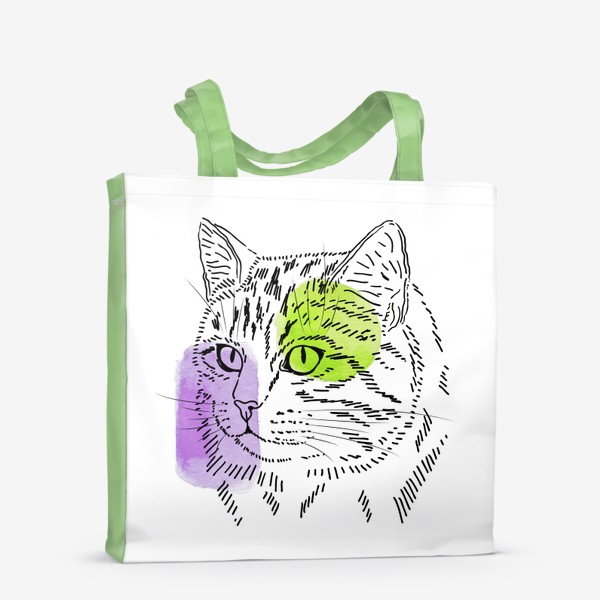 Сумка-шоппер «Акварельная кошка. Сиреневый и салатовый»