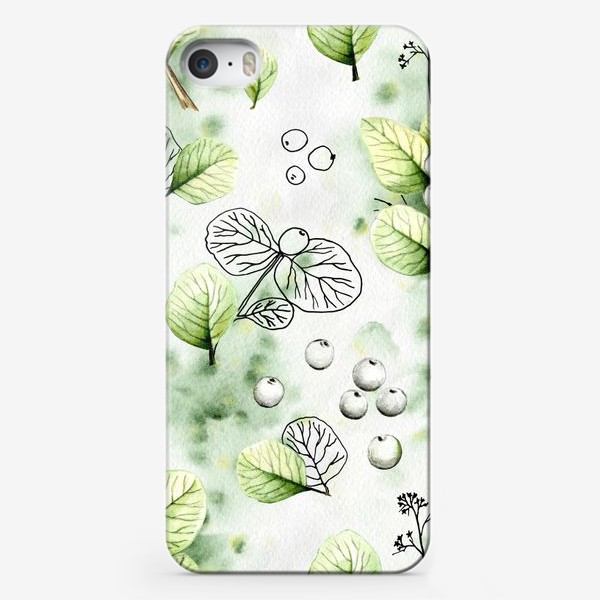 Чехол iPhone «Осенние веточки с ягодами акварель и черный контур на зеленом фоне»