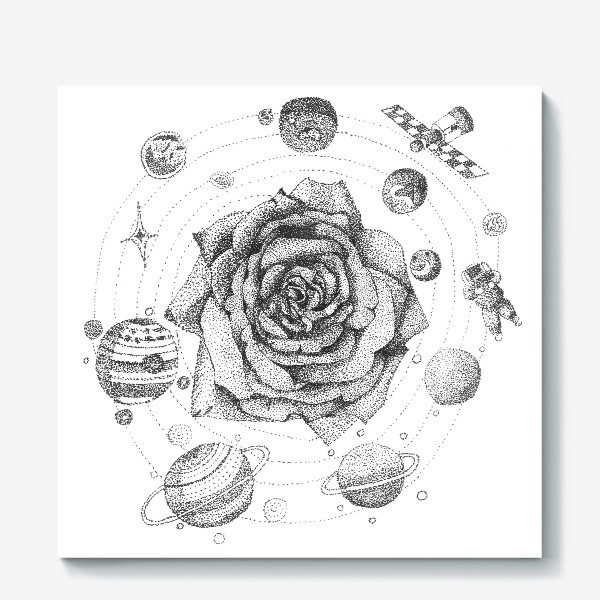 Холст «Роза в космосе: планеты, космонавт, точки, солнечная система, марс, сатурн, юпитер, звезды. »